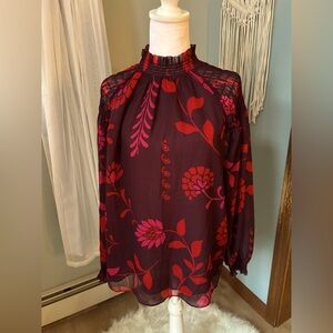 Ann Taylor Floral Smocked Mock Neck Popover